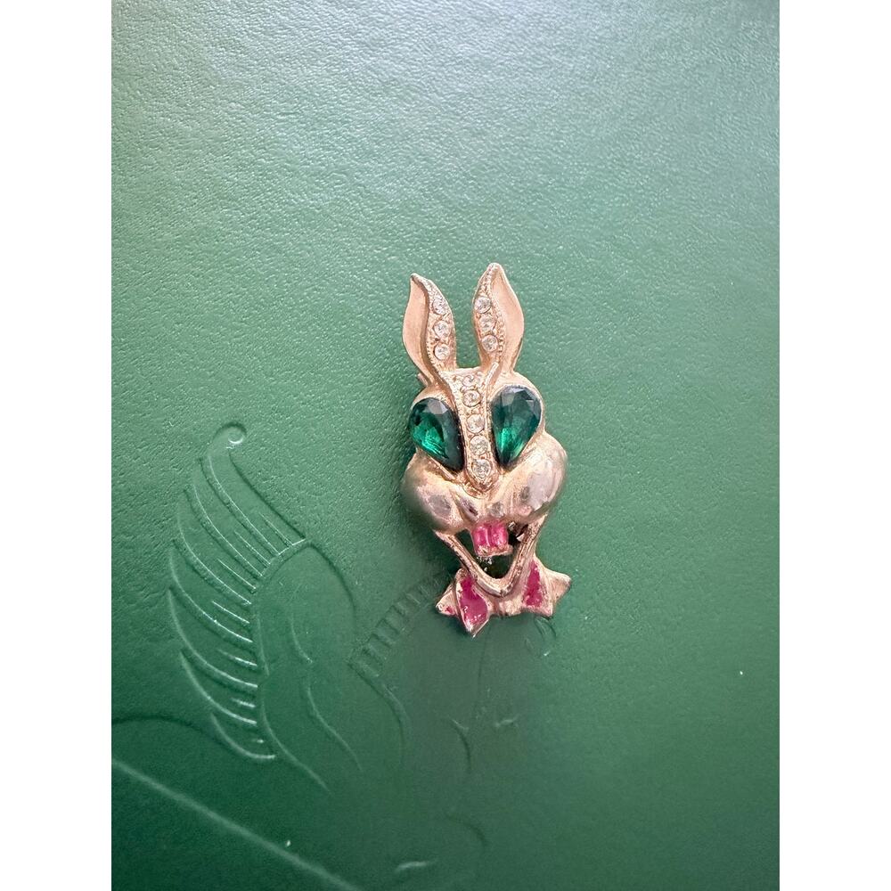 Vintage Karu Fifth Avenue Rabbit Rhinestones Gold Red Green Brooch